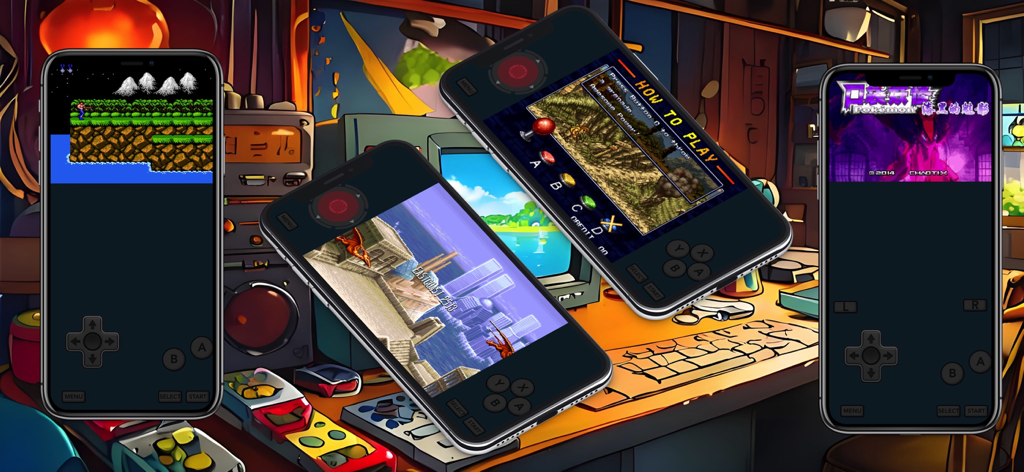 GBA Emulator Pro: Retro Games - Four iPhones showing different classic retro games running on the GBA Emulator Pro app interface.