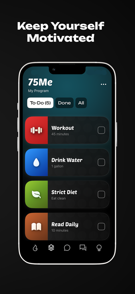 The 75Me app interface displaying a daily checklist for workout water intake diet and reading habits
