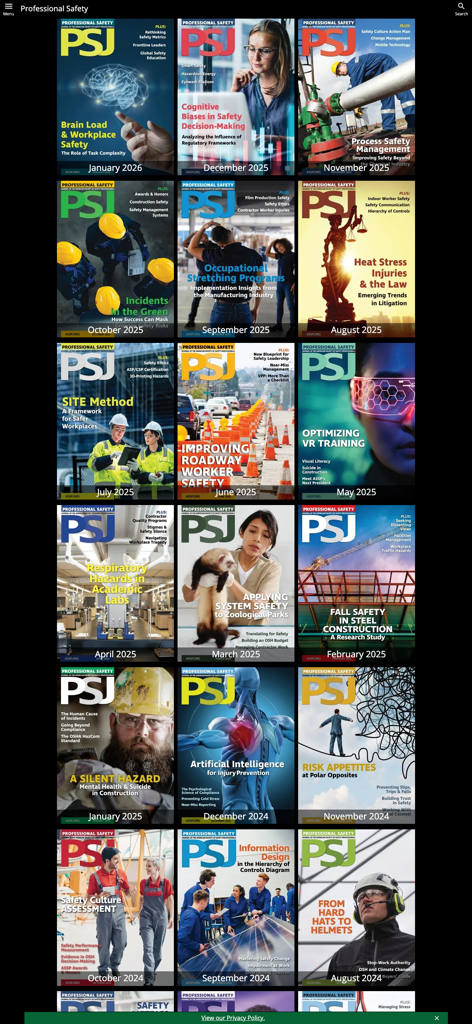 A digital library grid displaying various monthly covers of the Professional Safety Journal within the ASSP app.