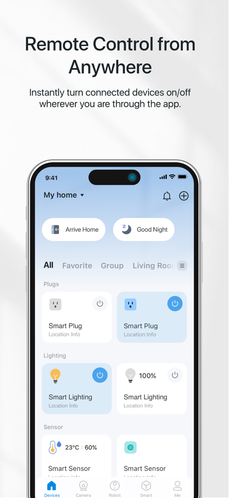 Interface of the TP-Link Tapo app dashboard showing remote control options for smart plugs and lighting