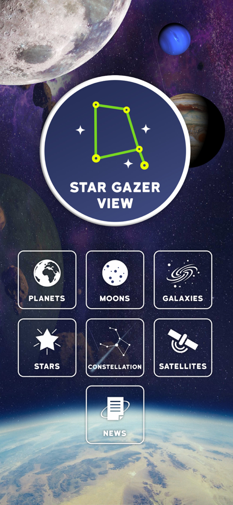 The Constellation Star Finder - The Constellation Star Finder app main menu showing navigation icons for planets, moons, galaxies, stars, constellations, satellites, and news.
