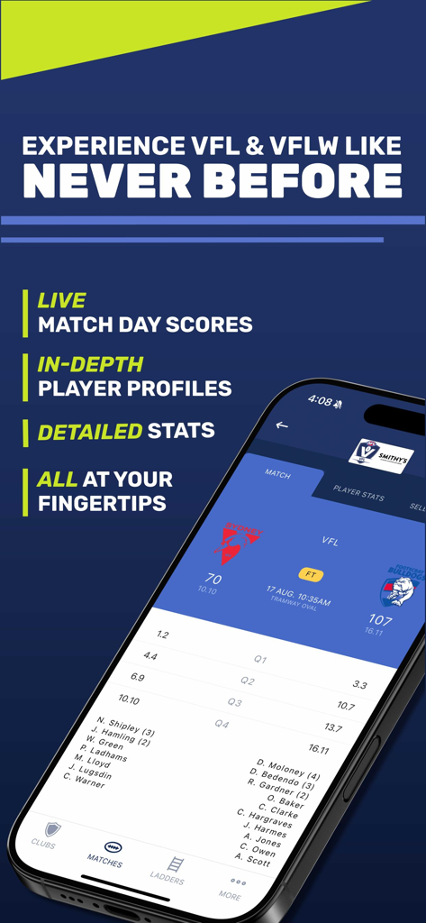 The Official VFL App interface displaying live match day scores and player statistics