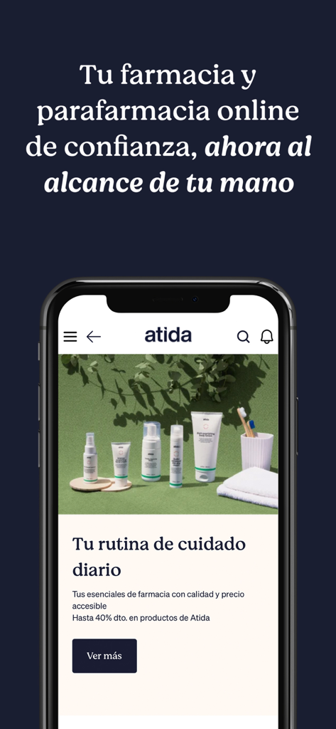 Pantalla móvil de la app de farmacia online Atida Mifarma que muestra productos para la rutina de cuidado diario.