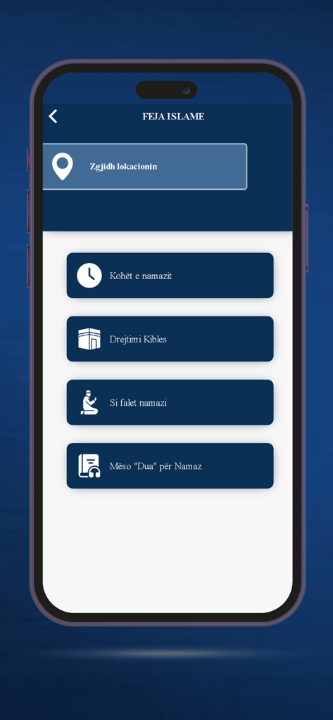 Feja ISLAME - Main menu of the Feja ISLAME app featuring prayer times and Qibla direction