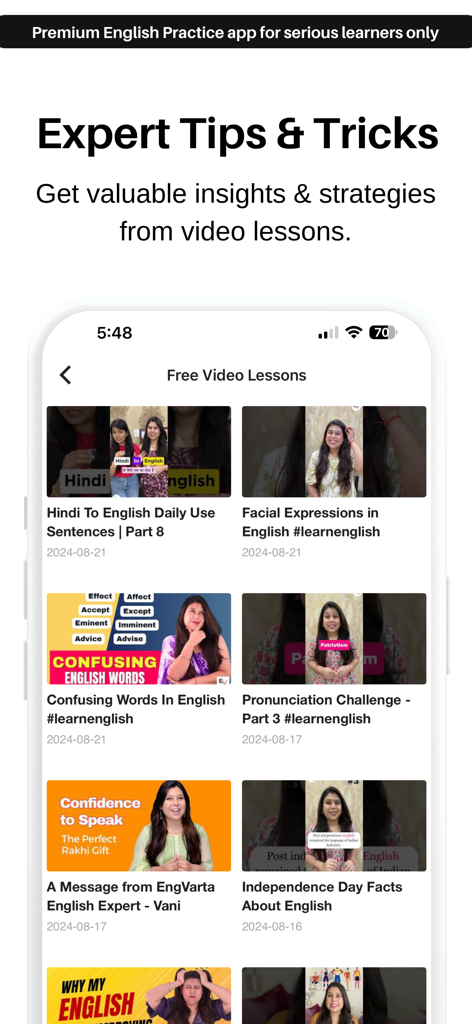 EngVarta: English Speaking App - 英語のスピーキングのヒントと発音の課題がある無料ビデオレッスンのライブラリを示すEngVartaアプリ画面