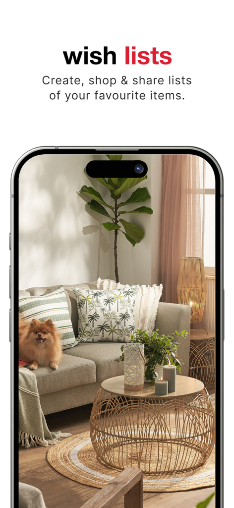 Mr Price App - Pantalla de listas de deseos de la App Mr Price mostrando inspiración de artículos para el hogar y decoración