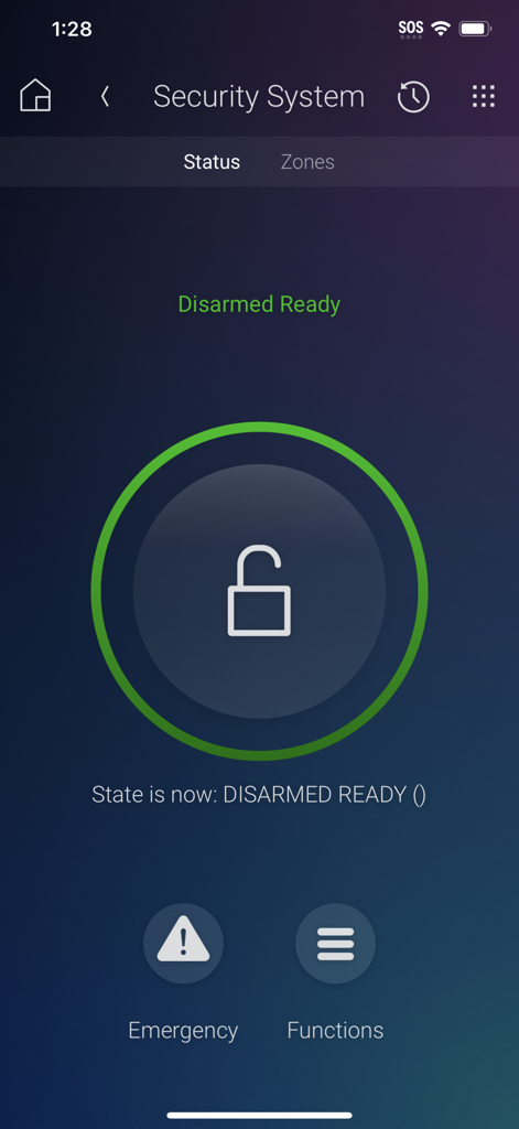 Control4 - Control4 smart home security system interface showing disarmed ready status with a green padlock icon