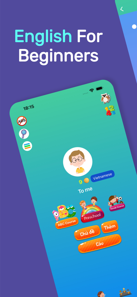Lingo Speak: Learn English ABC - Interfaz de la aplicación Lingo Speak que muestra opciones de cursos de inglés para principiantes y configuraciones de idioma