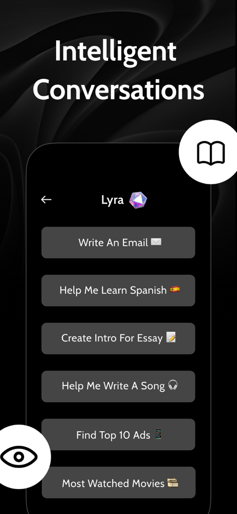 Lyra AI Chat Bot Ask & Assist - The Lyra AI Chat Bot interface showing options for writing emails learning languages and creating content.
