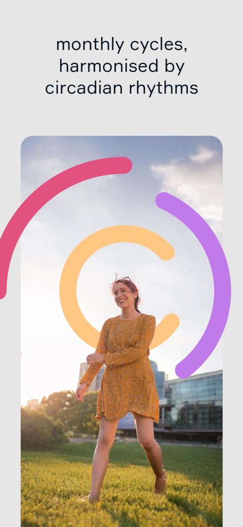 Circadian: Your Natural Rhythm - A woman walking in a sunlit park with graphic arcs and text about monthly cycles harmonized by circadian rhythms