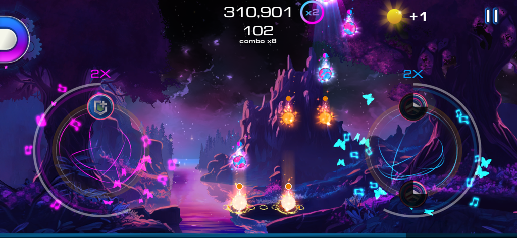 Ginst - Music Game - Arcade mode gameplay in Ginst music game featuring neon notes and a fantasy landscape