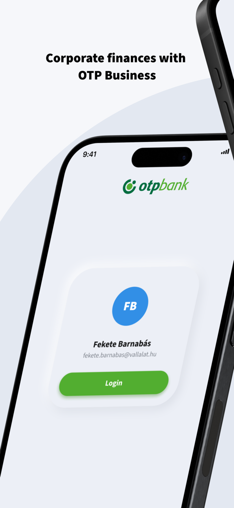 Login page of the OTP Business corporate banking app showing a user profile and login button.