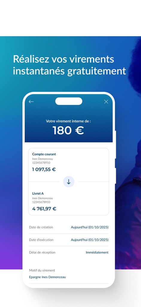 Interface of La Banque Postale app showing a free instant internal transfer of 180 euros from a checking account to a savings account.