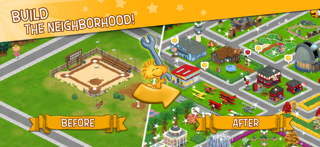 Peanuts: Snoopy Town Tale - 象徴的なピーナッツのキャラクターや建物が登場する、カスタマイズされた街のビフォーアフター比較。