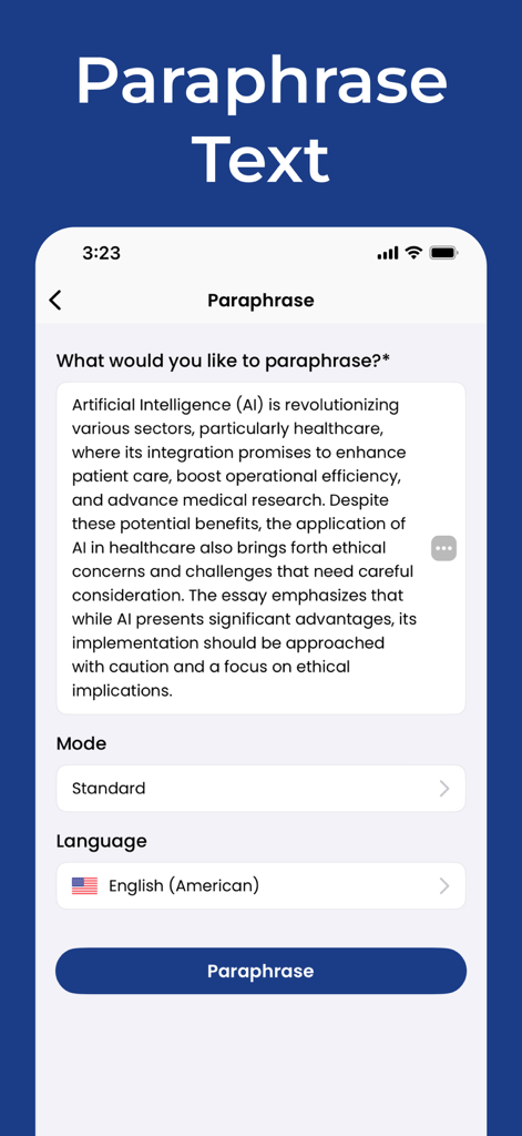 Interface of PenPilot app showing the AI text paraphrasing feature with options for language and mode