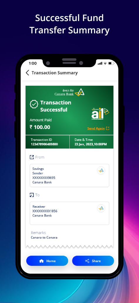 Captura de pantalla de un resumen de transacción exitosa en la aplicación bancaria móvil Canara ai1