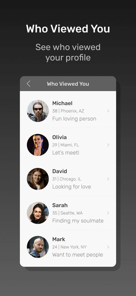 Meet Metal Heads - Meet Metal Heads dating app screen showing a list of people who viewed your profile