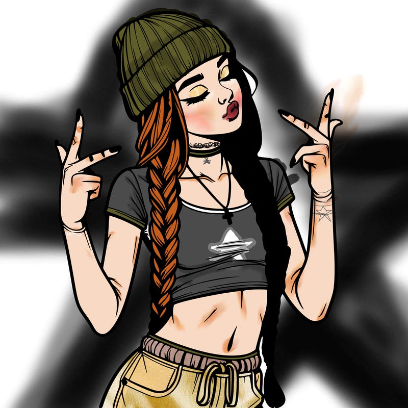 realistic teenage girl with braids and a beanie and crop top doing 🫶🏼