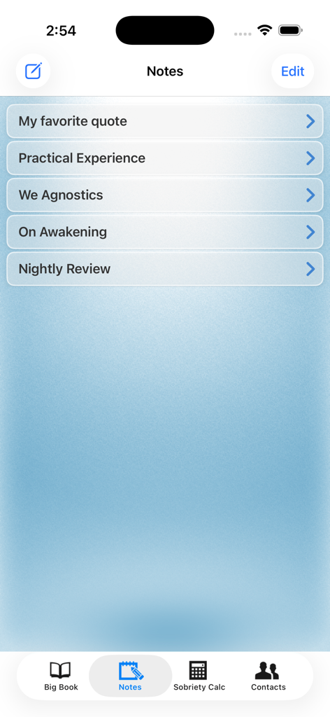 12 Steps Companion AA Big Book - The notes screen in the 12 Steps Companion AA Big Book app showing a list of recovery reflections
