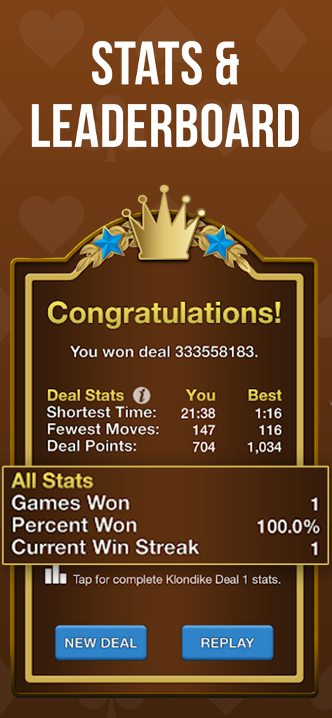 Solitaire for Seniors - A statistics and leaderboard screen in the Solitaire for Seniors app showing deal stats and game performance