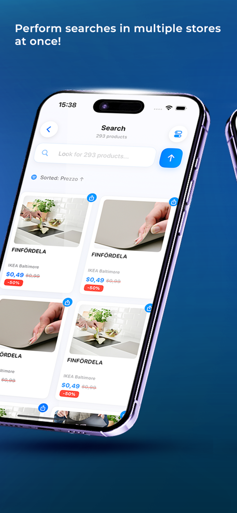 Scoout – Search IKEA products - Pantalla de iPhone mostrando la interfaz de búsqueda de la app Scoout con productos IKEA con descuento y etiquetas de precio del cincuenta por ciento de descuento