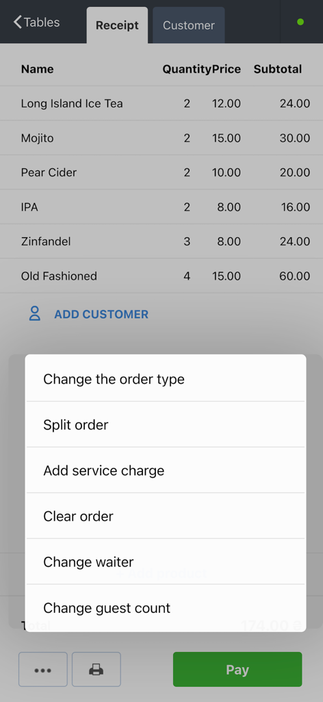 Poster — tablet POS - Poster tablet POS order management screen showing a list of drinks and payment options.