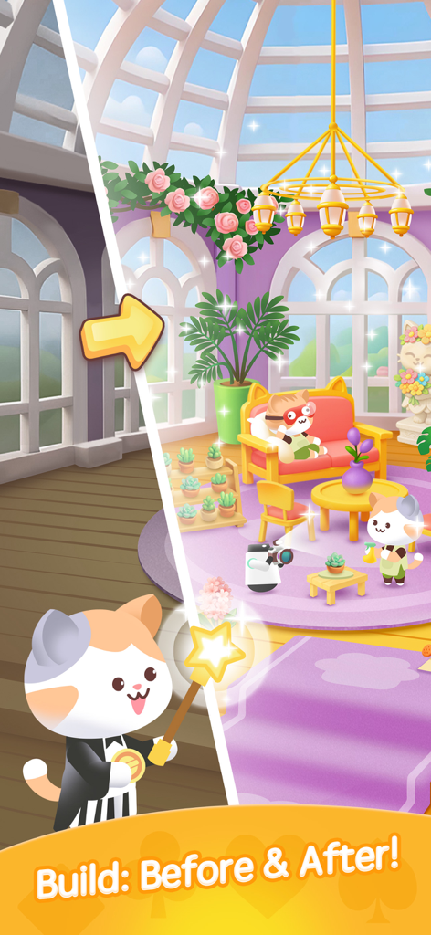 A before and after comparison of a sunroom decoration in Solitaire Kitty Cats showing an empty room transformed into a cozy space for cute cats