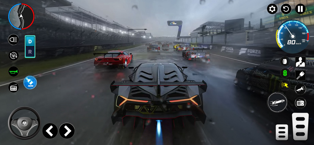 Extreme Car Racing: Stunt Game - Um supercarro preto dirigindo em um circuito de corrida molhado com outros carros e controles do jogo