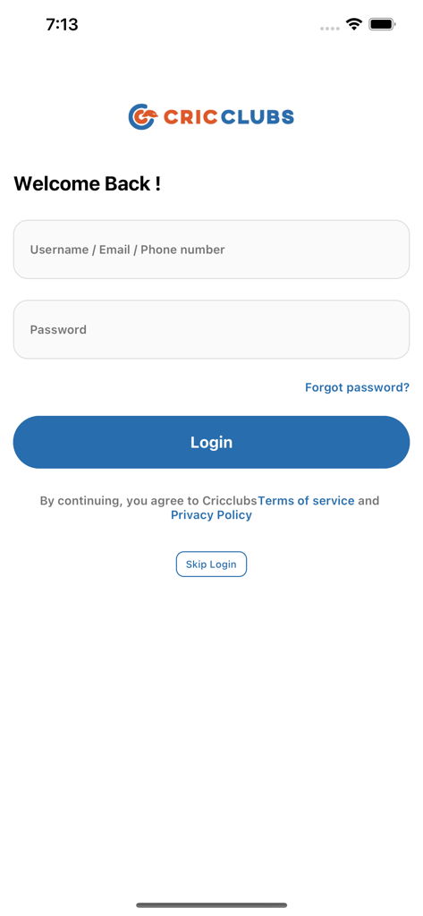 CricClubs - CricClubs mobile app login interface with username and password input fields