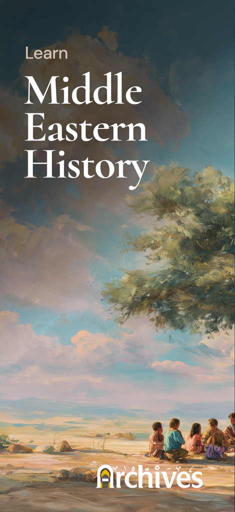 Archives - Islamic History - Pantalla introductoria de la aplicación Archivos con niños en un paisaje y el texto Aprende Historia de Oriente Medio.