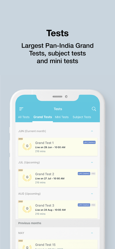 Marrow app screen displaying scheduled Grand Tests for NEET PG and NExT exam preparation