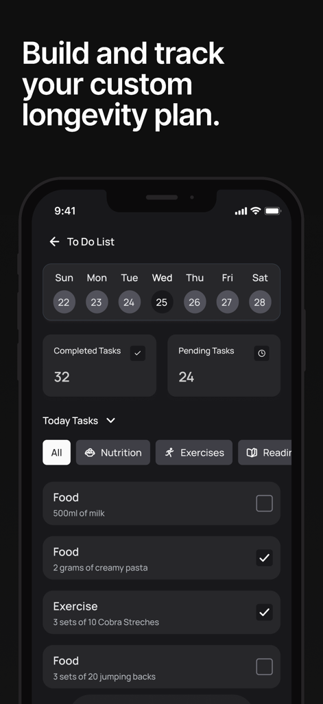 Life Clock - Live Longer - Dashboard of the Life Clock app showing a daily to do list for nutrition and exercise habits