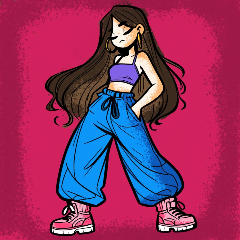 girl in baggy pants crop top and long hair