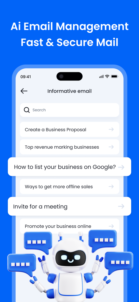 AI Writer - AI Email Assistant - Una interfaz de aplicación móvil de AI Writer que muestra plantillas de correo electrónico profesionales, incluidas propuestas de negocios e invitaciones a reuniones con un amigable personaje robot de IA.