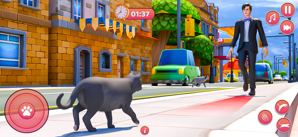 City kitty Life: Cat Simulator - City Kitty Life Cat Simulatorで、鮮やかな街の通りを歩く灰色の猫