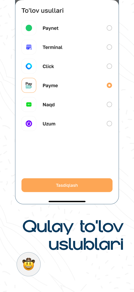 Yewoo app payment selection screen showing local Uzbek payment options