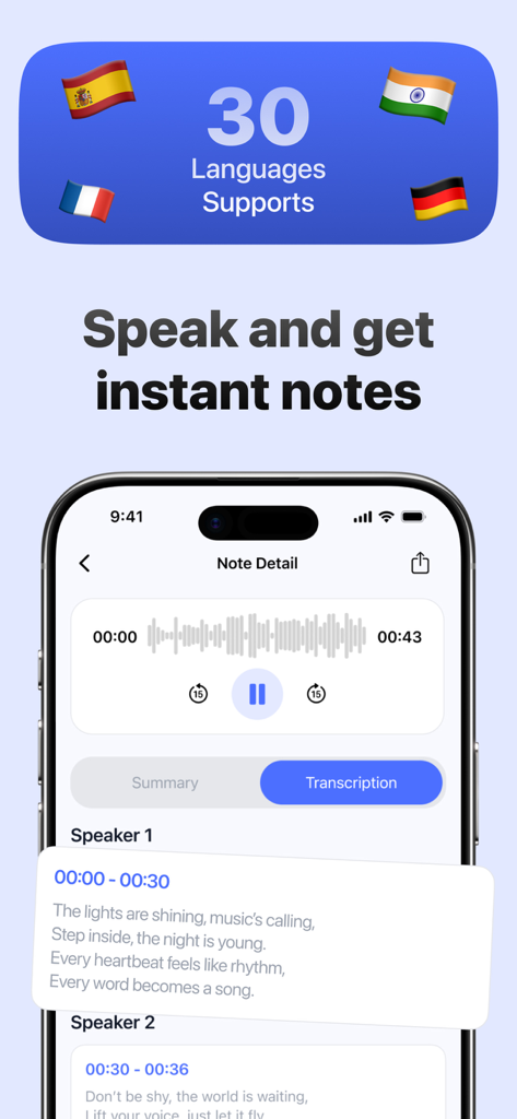 Mobile app interface showing real-time transcription and voice notes with support for multiple languages