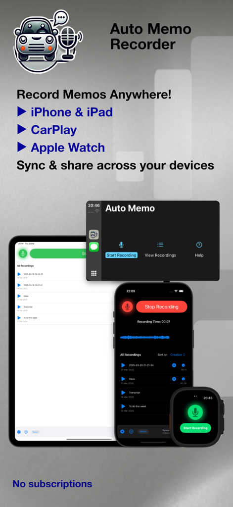 Auto Memo Recorder - Interfaz de la aplicación Grabadora Auto Memo mostrando grabación de notas de voz en iPhone, iPad, CarPlay y Apple Watch
