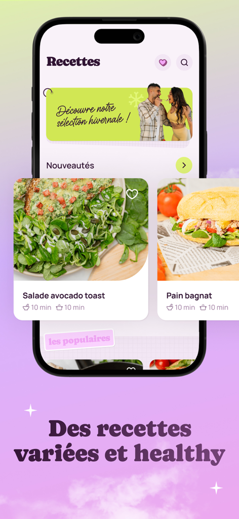 Mobile screen of the Fitness Camp app showing a variety of healthy recipes including avocado toast and pain bagnat