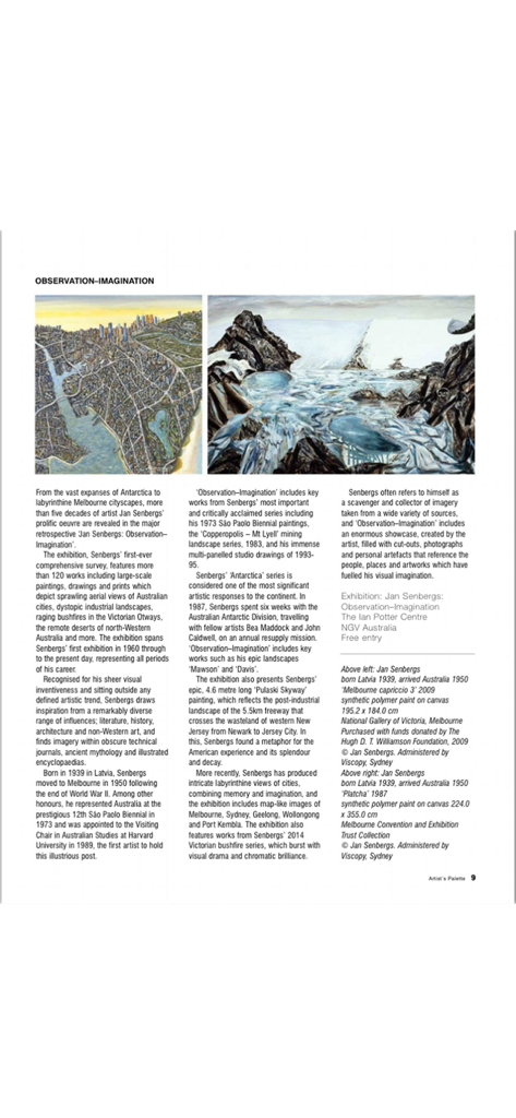 Artist's Palette - Digital magazine page titled Observation-Imagination featuring a retrospective of artist Jan Senbergs with landscape and cityscape paintings.