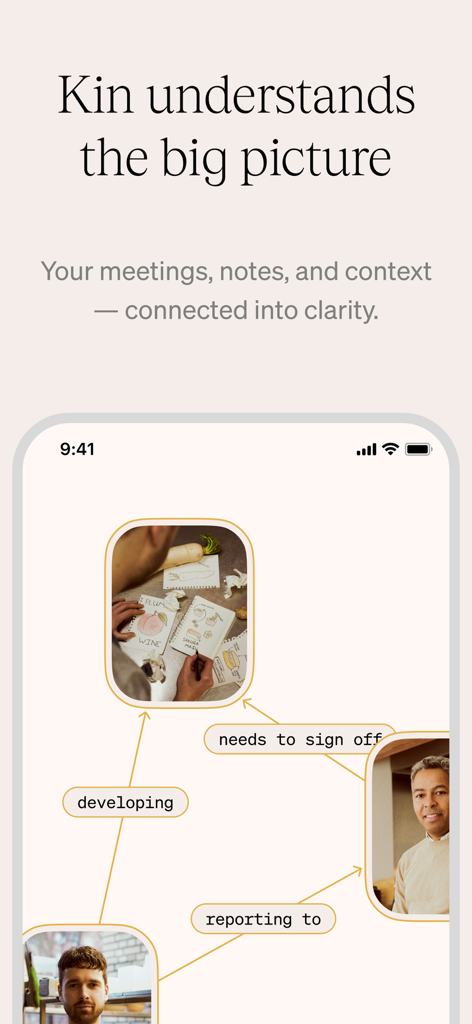 Kin: Personal AI Advisors - Smartphone screen showing Kin AI connecting meetings and notes into a visual context map