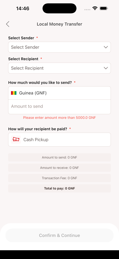 BnB POS - Interfaz de la aplicación móvil BnB POS para procesar una transferencia de dinero a Guinea