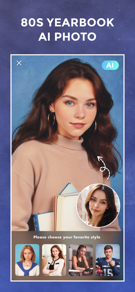 FilterRoom - Face Editor - Mobile app interface of FilterRoom showing an AI generated 80s yearbook retro portrait feature