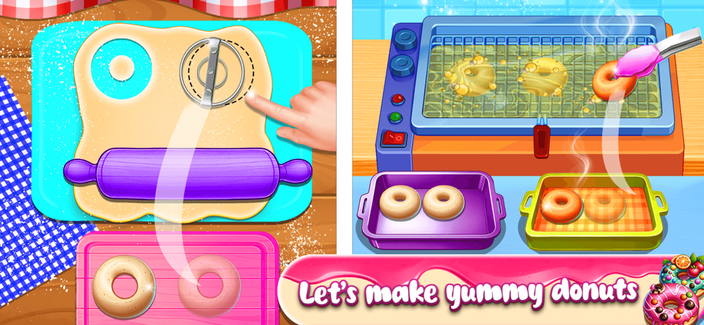 Cutting and frying donuts in Sweet Bakery Chef Mania
