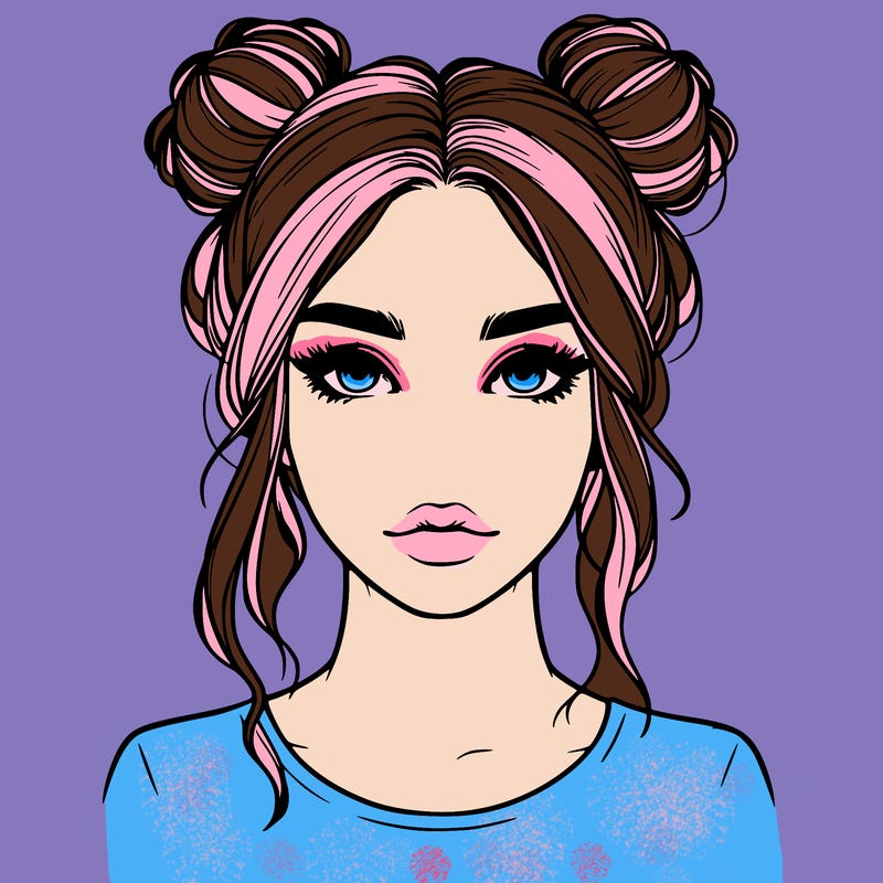 realistic beautiful girl with a nose with space buns