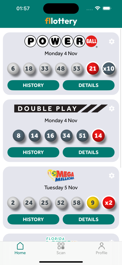 Florida Lottery Scanner - Florida Lottery Scanner app home screen displaying recent winning numbers for Powerball and Mega Millions