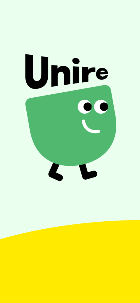 Unire（ユニーレ） 北海道大学公式 - Unire app welcome screen featuring a smiling green mascot and the app logo