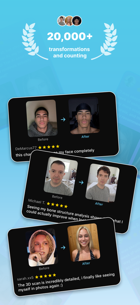 Screenshot showing before and after facial transformations with five star user reviews from the FaceKit app