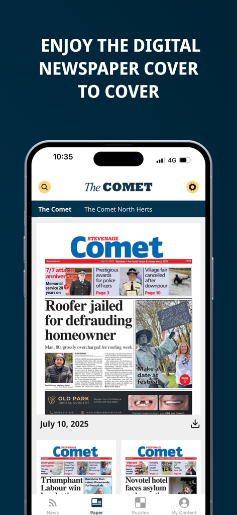 The Comet - Digital newspaper cover of The Comet local news app on a smartphone