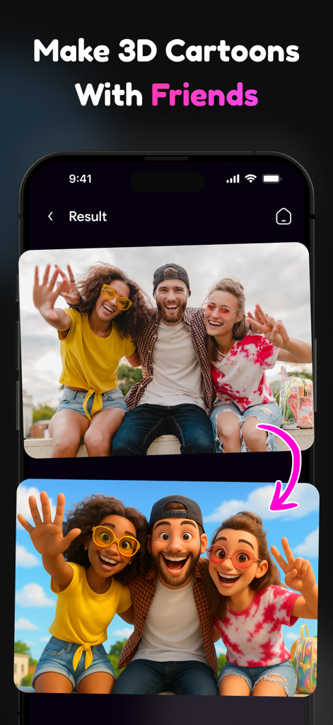 A group of three friends transformed into 3D cartoons using AI technology